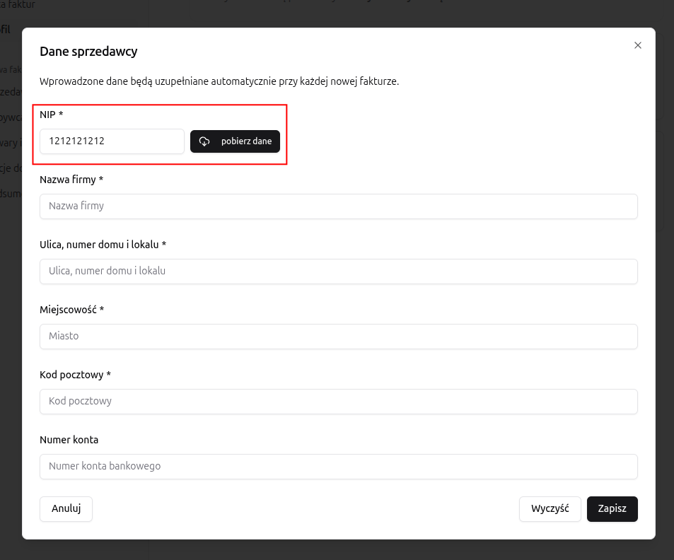 Edycja danych sprzedawcy w profilu