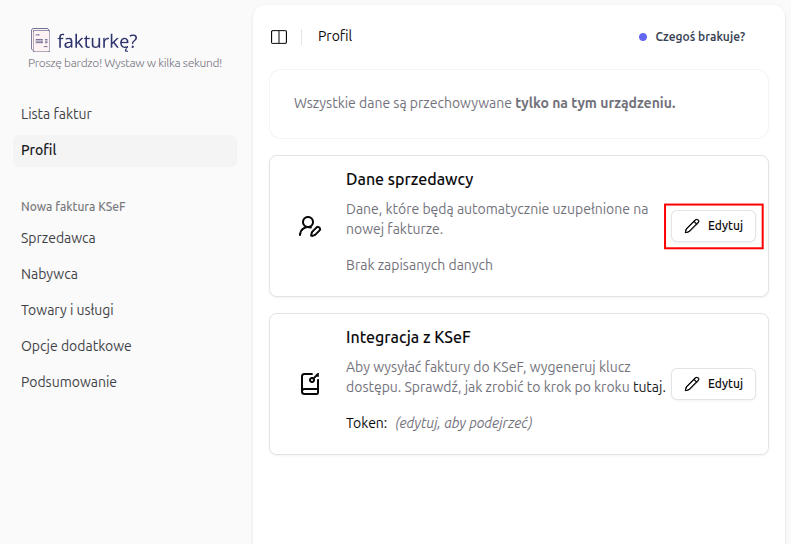 Przykład uzupełniania danych sprzedawcy w profilu