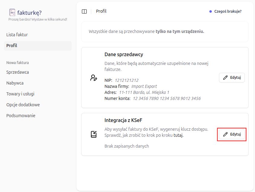 Sekcja Integracja KSeF w profilu